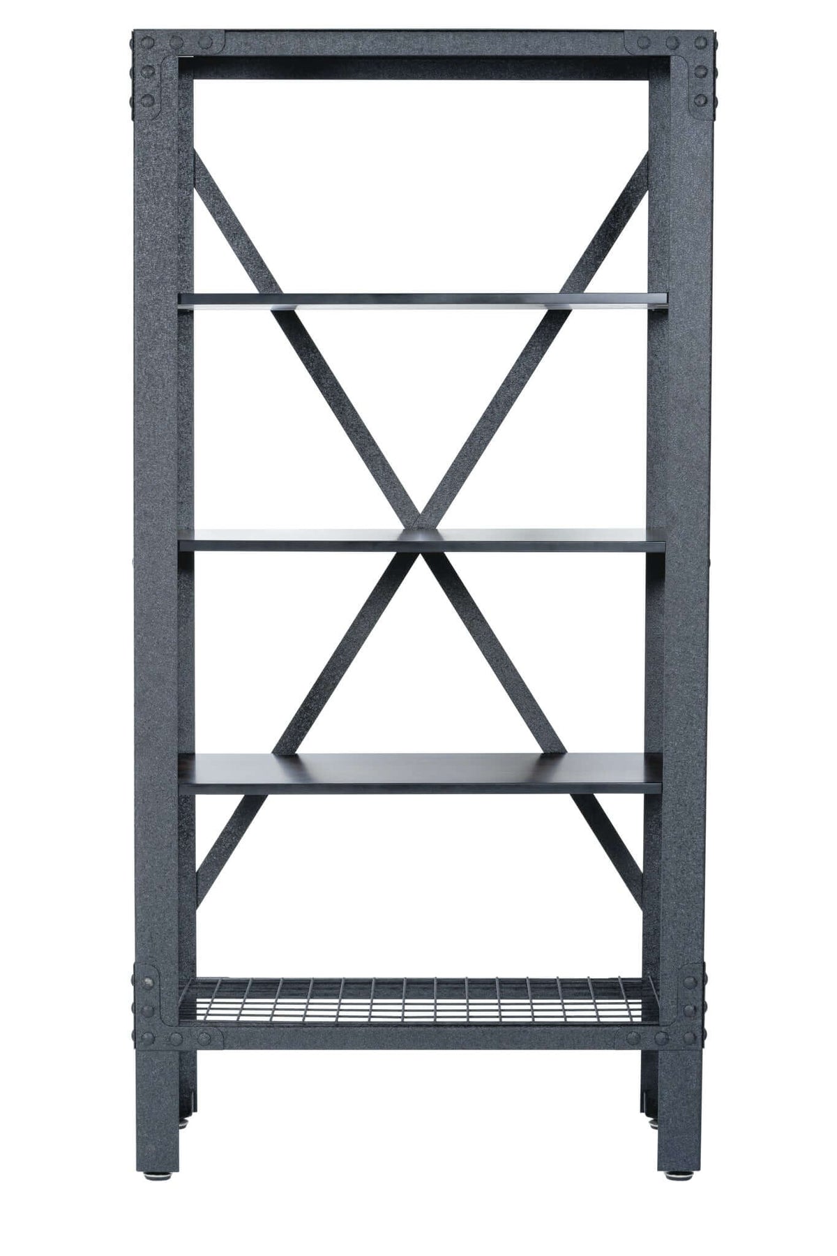 Duramax Industrial Metal and Wood Storage Shelving 68060 with acacia wood shelves and black wire rack.