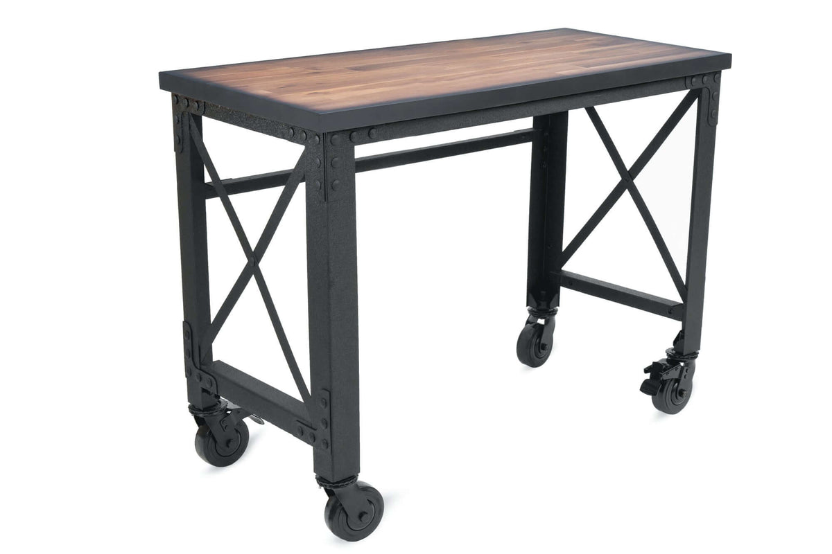Duramax 46x24 inch industrial worktable with rolling caster wheels, dark wooden top, and sturdy metal frame for versatile workspace. 