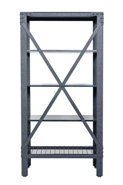 Duramax Industrial Metal and Wood Storage Shelving with acacia wood shelves and black metal frame.