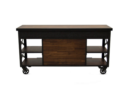 Duramax Farmhouse Cabinet 68062 with sliding doors and wheels, made of durable metal and solid wood, industrial design.