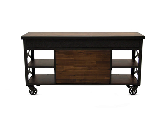Duramax Farmhouse Cabinet 68062 with sliding doors and wheels, made of durable metal and solid wood, industrial design. 