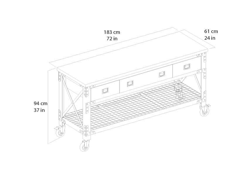 DuraMax 72" x 24" industrial workbench with 3 drawers and lower shelf, dimensions labeled in centimeters and inches.