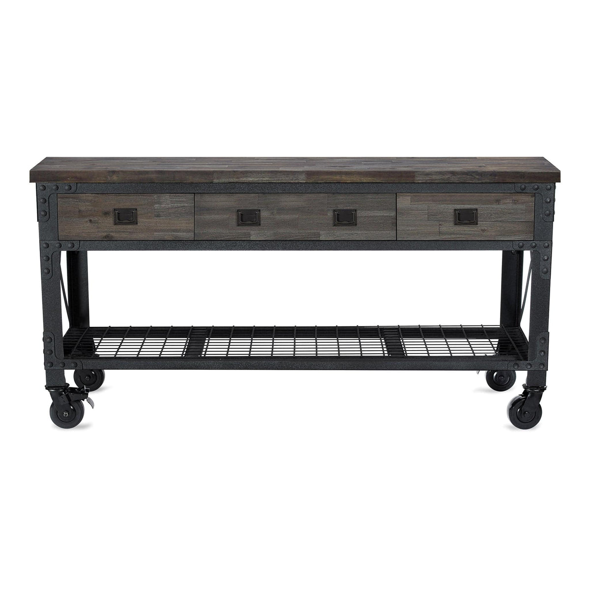 DuraMax 72" x 24" industrial workbench with wood top, 3 drawers, and rolling wheels, aged espresso finish.