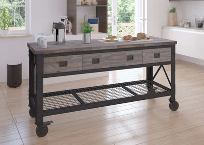 DuraMax 72" x 24" industrial workbench with wood top, rolling design, 3 drawers, and sturdy lower shelf.