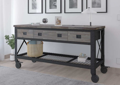 DuraMax 72" x 24" 3-drawer rolling industrial workbench with wood top in aged espresso, featuring smooth-gliding drawers.