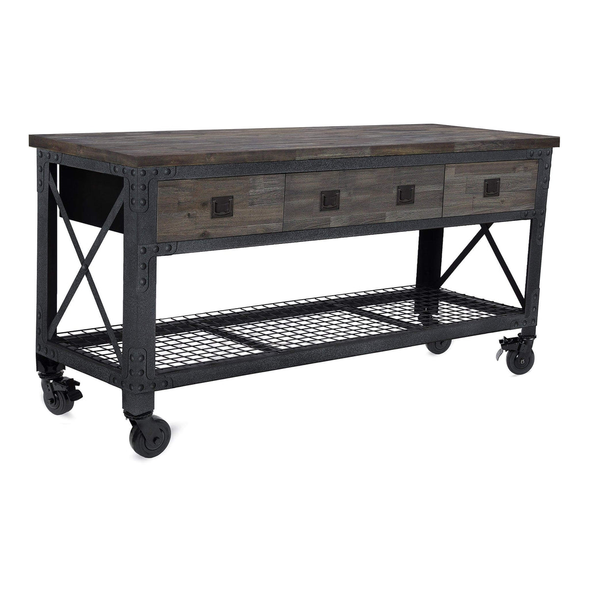 DuraMax 72-inch industrial workbench with wood top, 3 drawers, and rolling wheels in aged espresso finish.