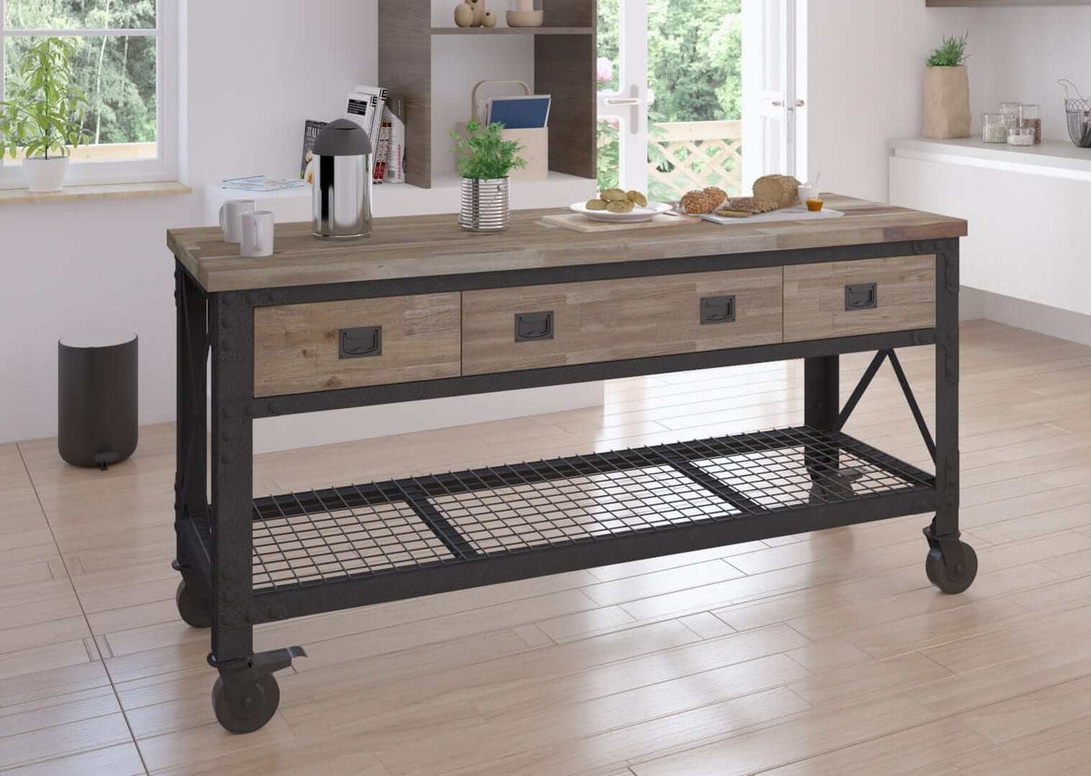 DuraMax 72 In x 24 In rolling industrial workbench with wood top and 3 drawers, perfect for kitchen or garage use.