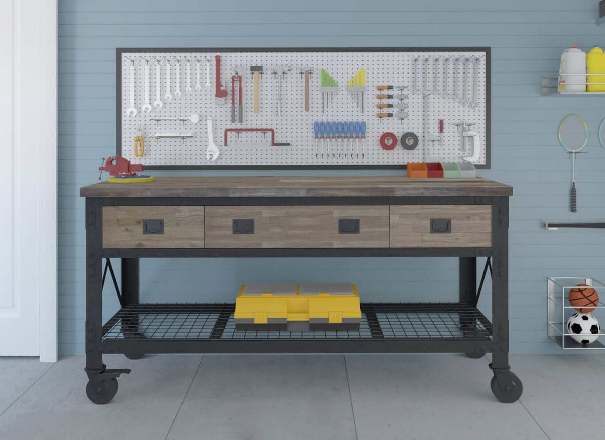 Duramax 72 In x 24 In 3-Drawer Rolling Industrial Workbench w/ Wood Top - Aged Macadamia 68001M