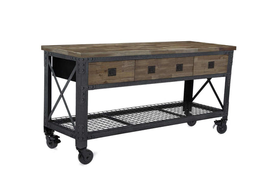 DuraMax 72 In x 24 In industrial workbench with wood top and 3 drawers on wheels for versatile storage. 