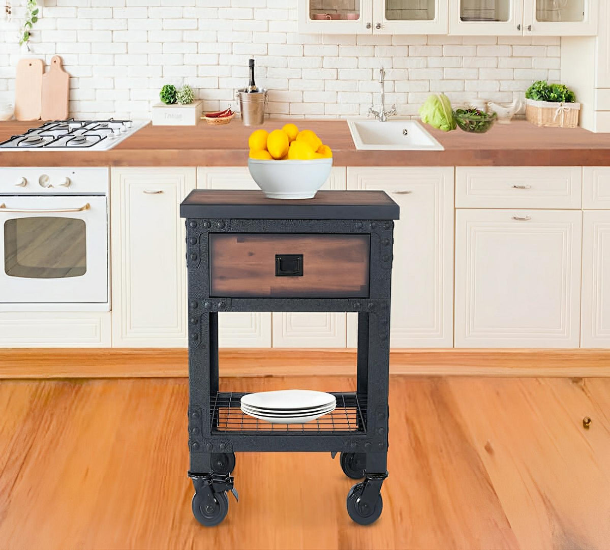 Alt Tag: Duramax industrial rolling workbench with drawer and shelf in a modern kitchen, featuring a bowl of oranges on top.