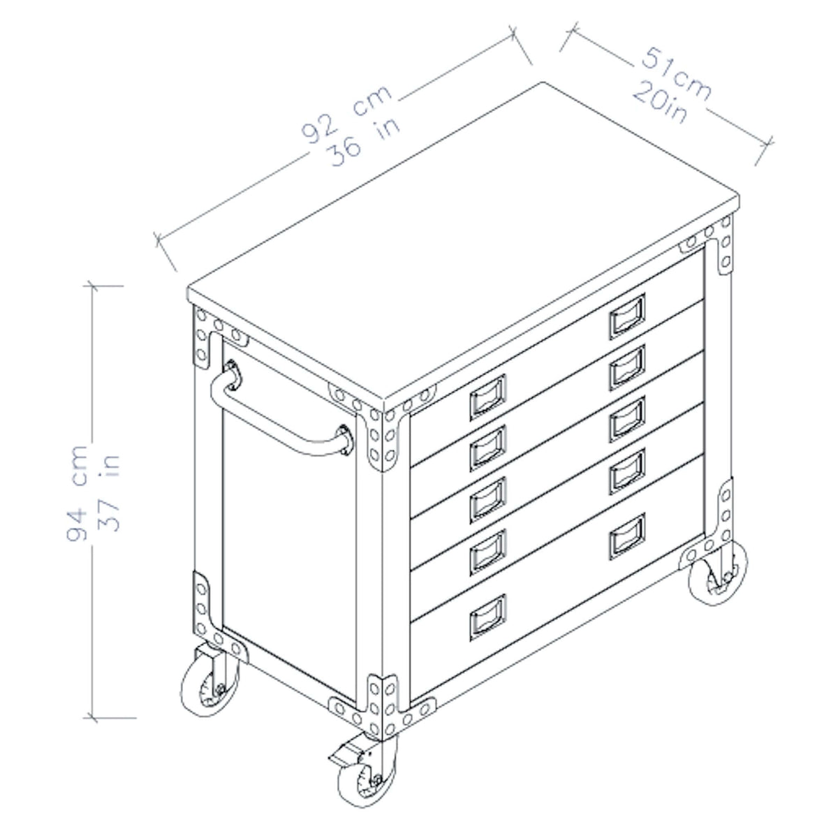 Illustration of Duramax 36" 5-Drawer Rolling Tool Chest with Wood Top, featuring dimensions and sturdy metal frame design.