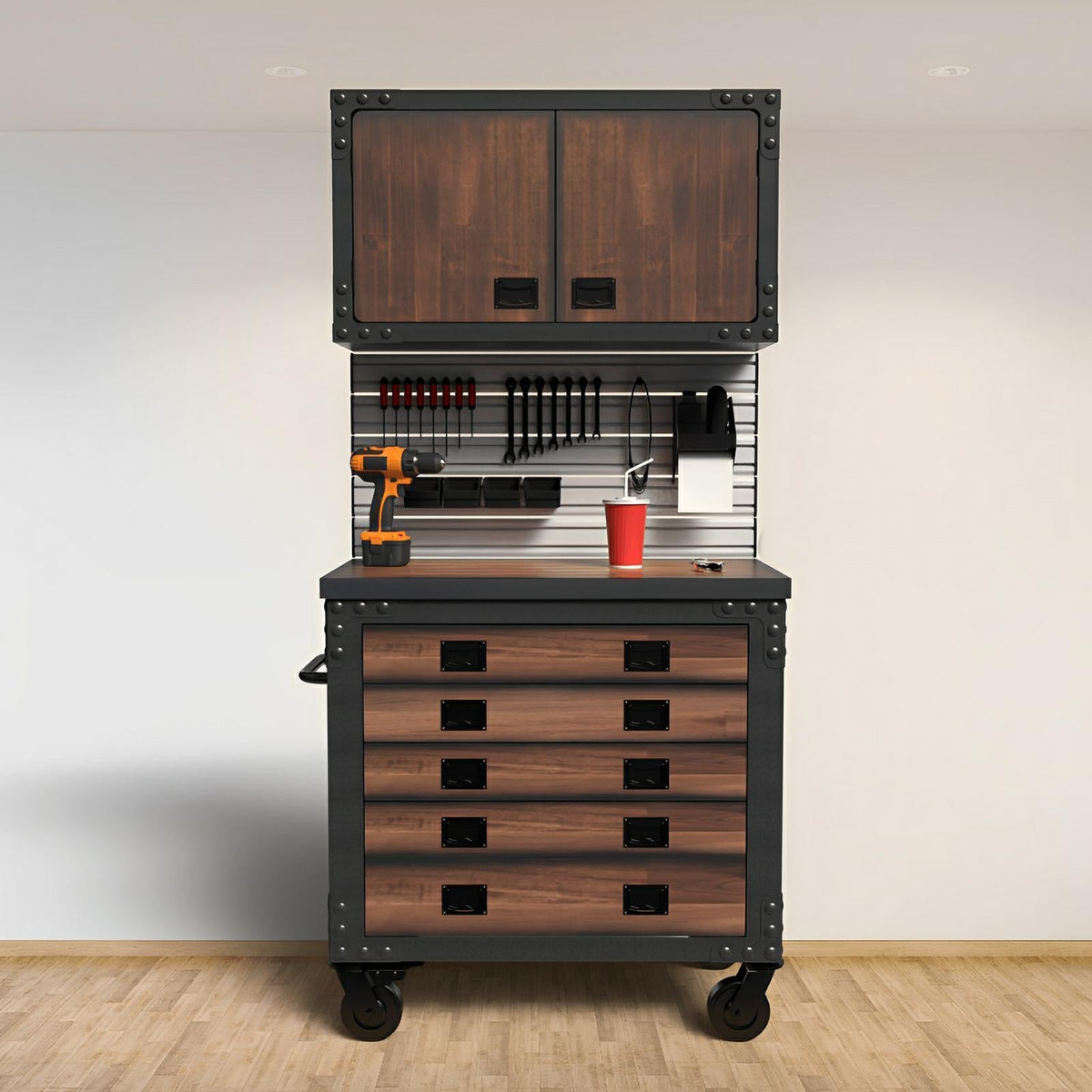 Duramax 36 Inch Industrial Wall Cabinet with Wood Finish and Metal Frame, featuring Shelves and Storage Drawers on Caster Wheels