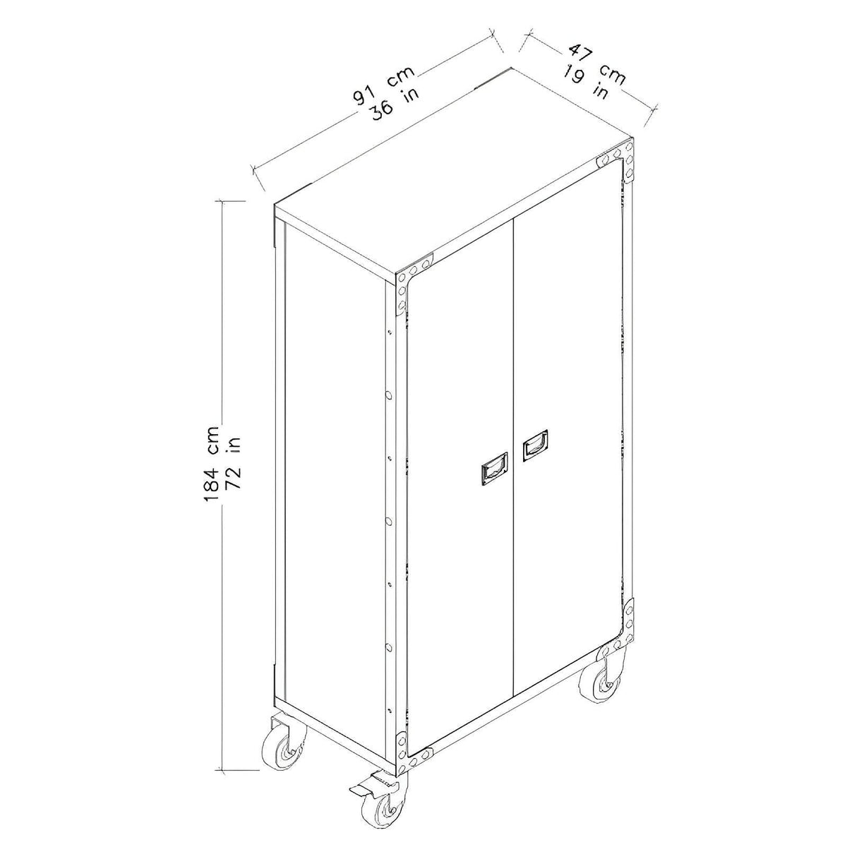 Duramax 36x72 industrial cabinet diagram showing dimensions and wheels, ideal for home or garage storage, made of metal and wood.
