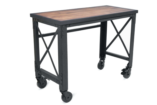 Duramax 46x24 inch industrial worktable with rolling caster wheels, dark wooden top, and sturdy metal frame for versatile workspace. 