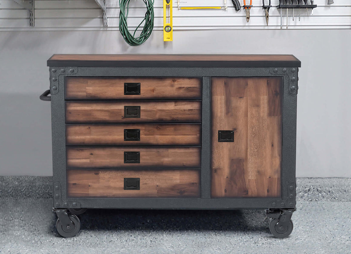 Duramax 48 In 5 Drawer Rolling Tool Chest with Wood Top in a garage setting, featuring side cabinet and sturdy wheels.