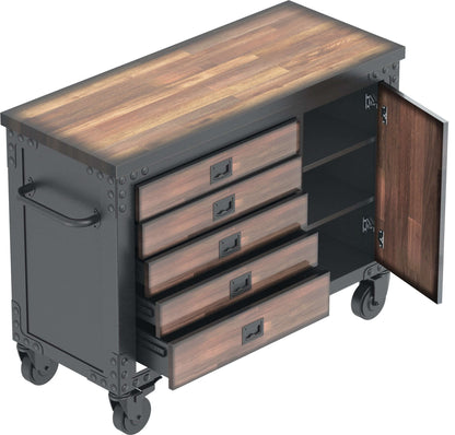 Duramax 48 inch rolling tool chest with wood top, 5 drawers, and side cabinet. Ideal for garage, basement, kitchen storage.