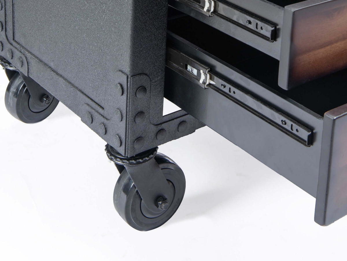 Close-up of the Duramax 5 Drawer Rolling Tool Chest showing ball bearing slides and durable wheels for easy mobility.