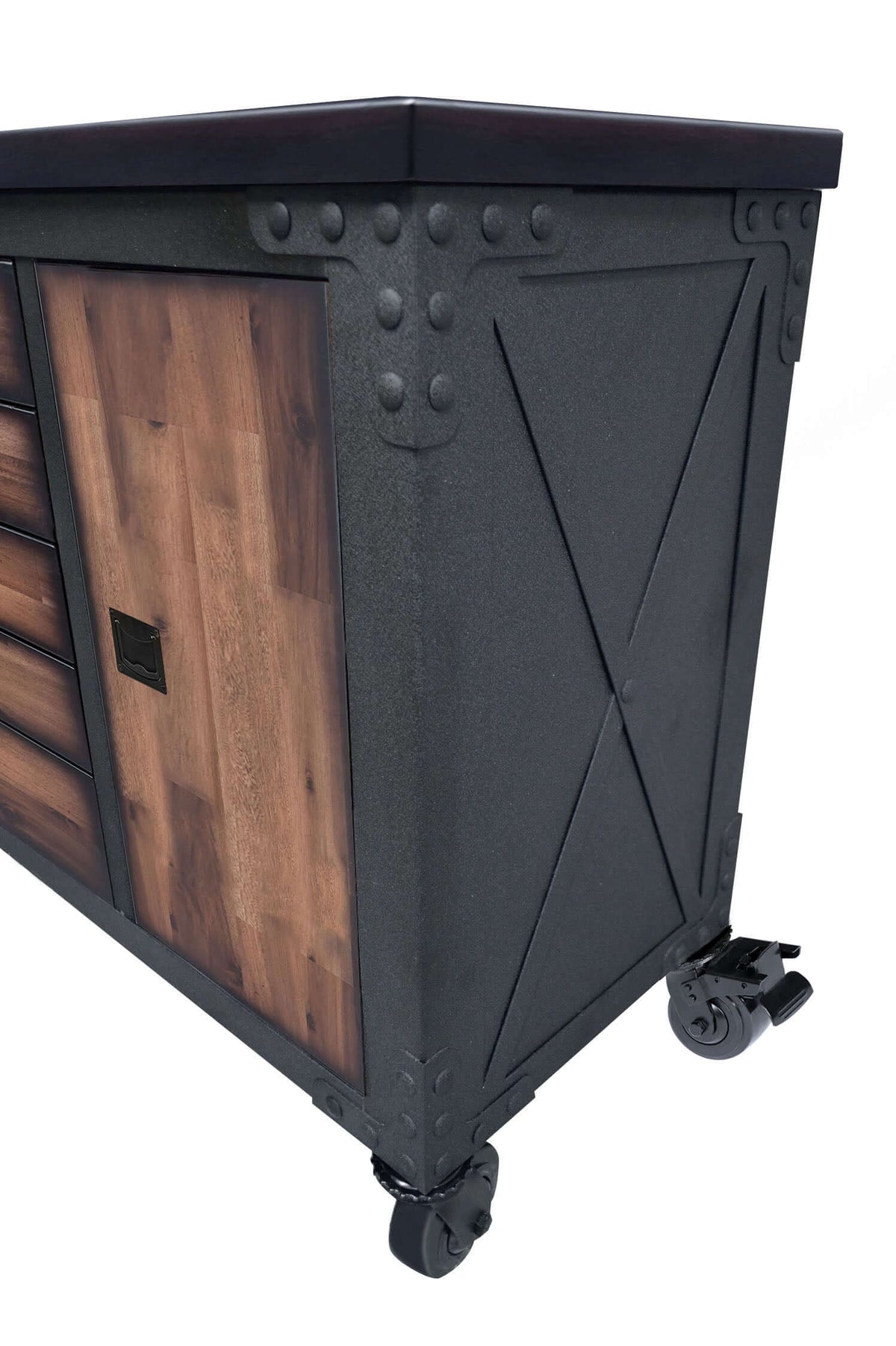Close-up of Duramax 48 In 5 Drawer Rolling Tool Chest corner with wood top and metal frame, showing wheel and design details.