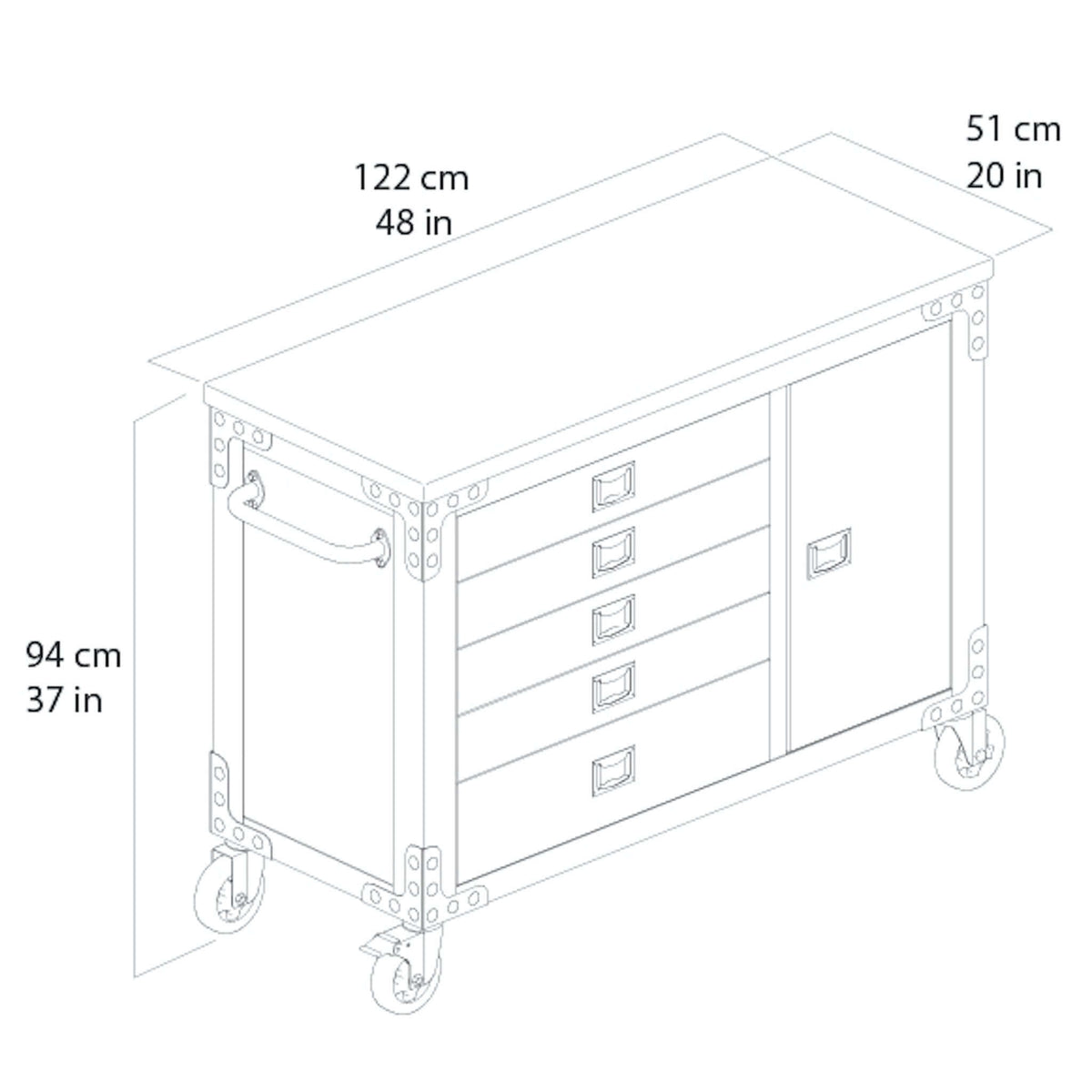Diagram of the Duramax 48 inch 5-drawer rolling tool chest with wood top, dimensions 94 cm height, 51 cm depth, 122 cm width.