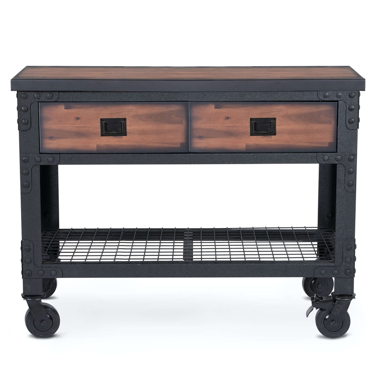 Duramax 48x24 industrial workbench with two drawers and rolling casters, ideal for home and garage use, offering ample storage.