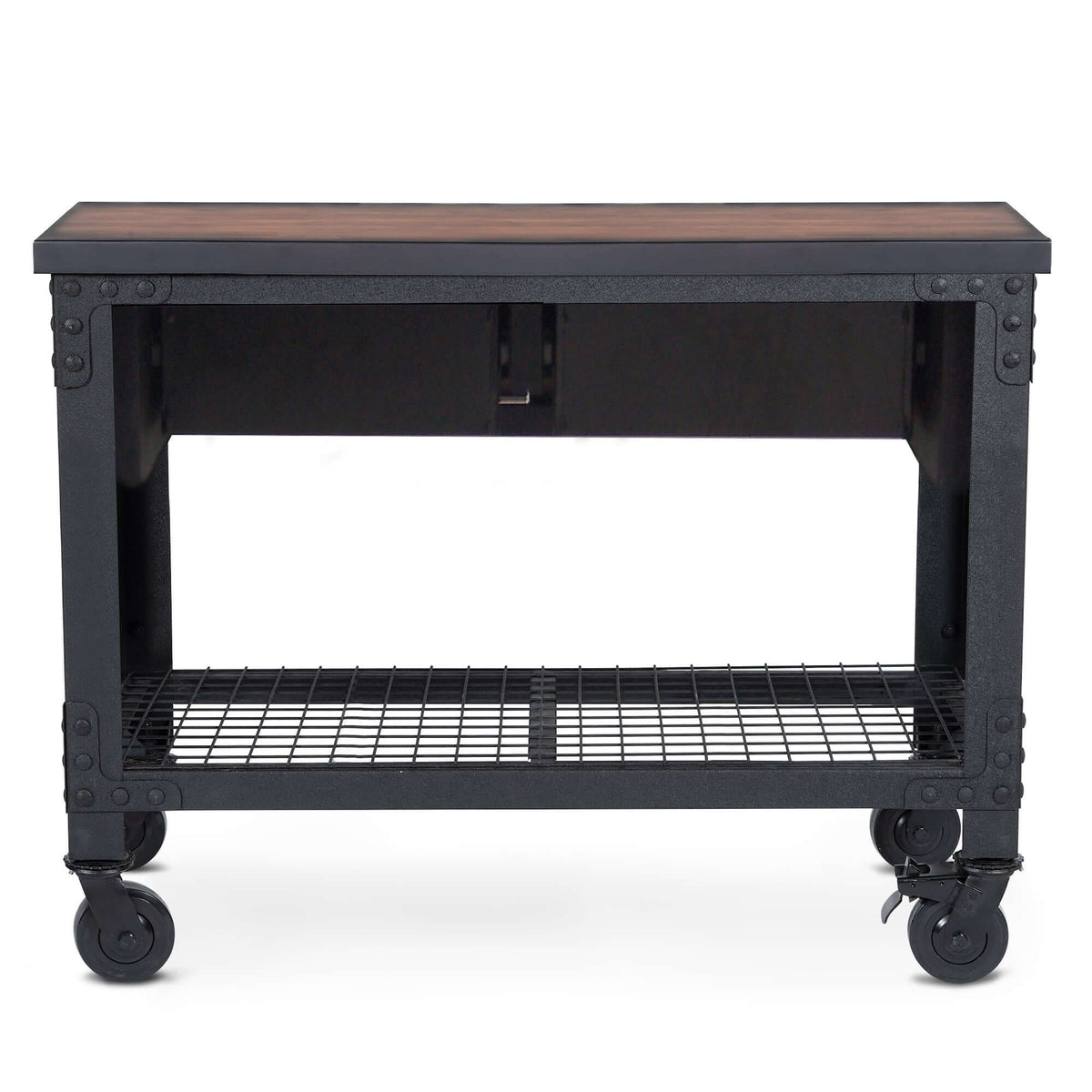Duramax industrial workbench with casters and wire shelf, ideal for garages and home use.