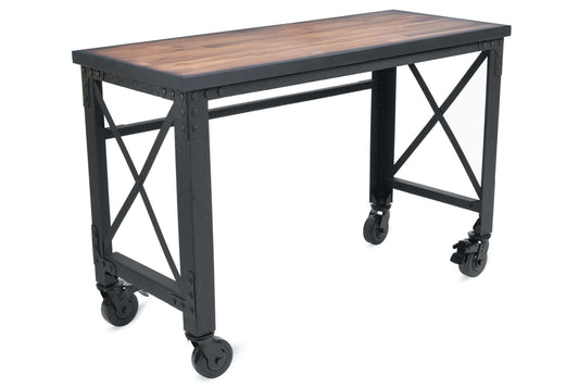 Duramax 52x24 inch rolling industrial worktable with wooden top and metal frame, featuring heavy-duty swivel caster wheels. 
