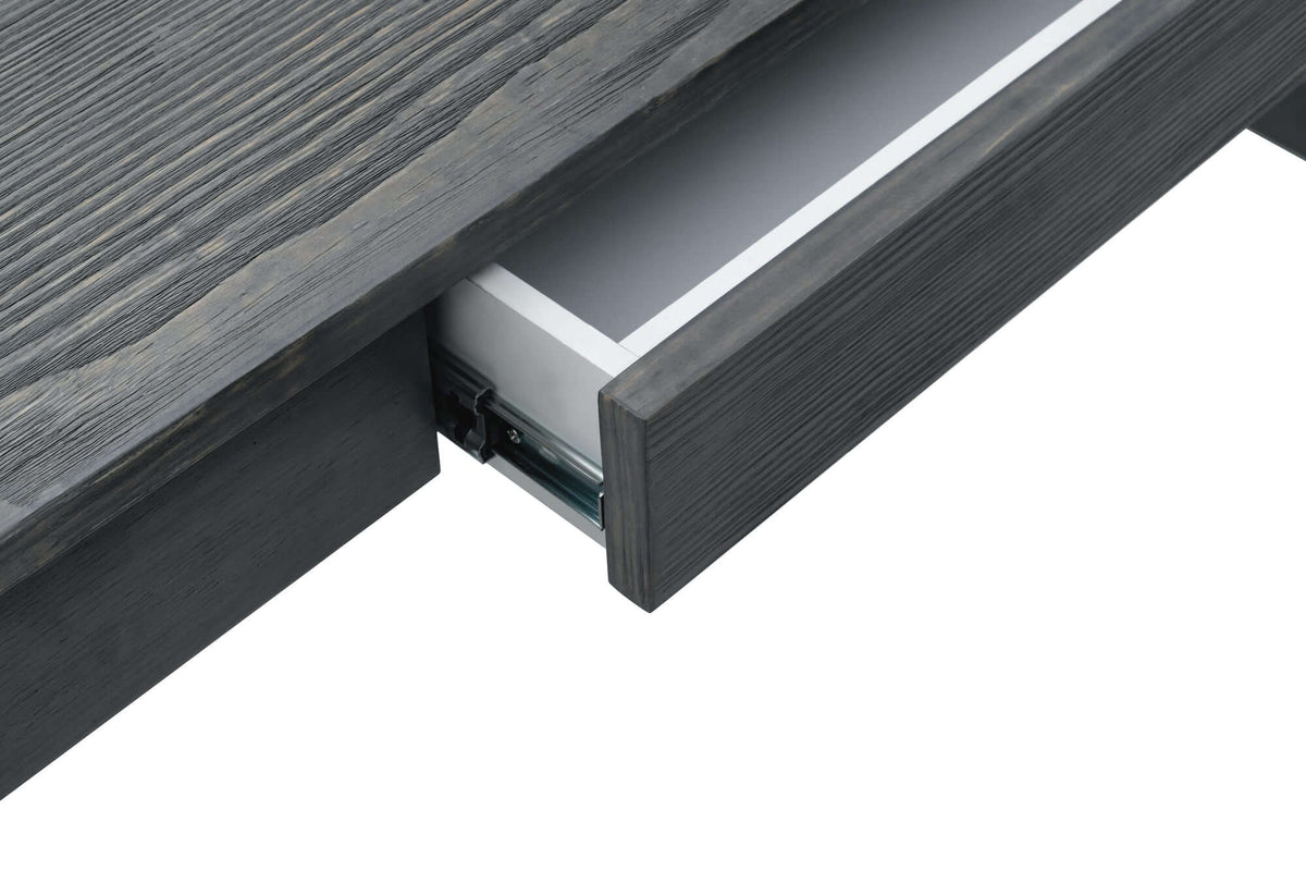 Close-up of Duramax Felix Wood Desk drawer showing detail of veneer wood texture and storage space.