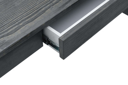 Close-up of Duramax Felix Wood Desk drawer showing detail of veneer wood texture and storage space.