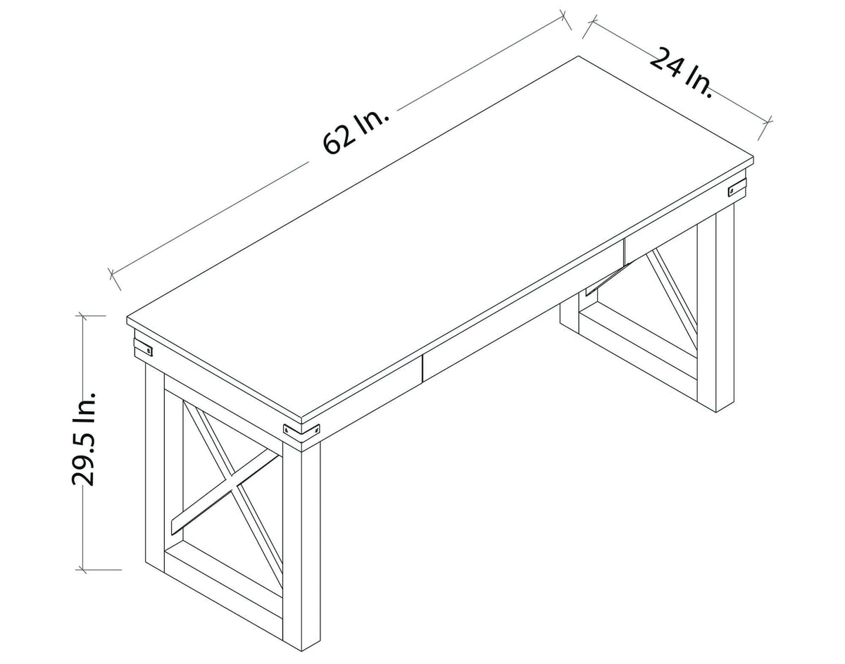 Illustration of Duramax 62 In Felix Wood Desk with dimensions: 62 in. length, 24 in. width, 29.5 in. height, featuring a flush drawer.