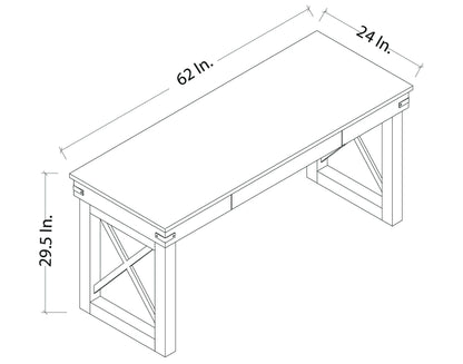 Illustration of Duramax 62 In Felix Wood Desk with dimensions: 62 in. length, 24 in. width, 29.5 in. height, featuring a flush drawer.