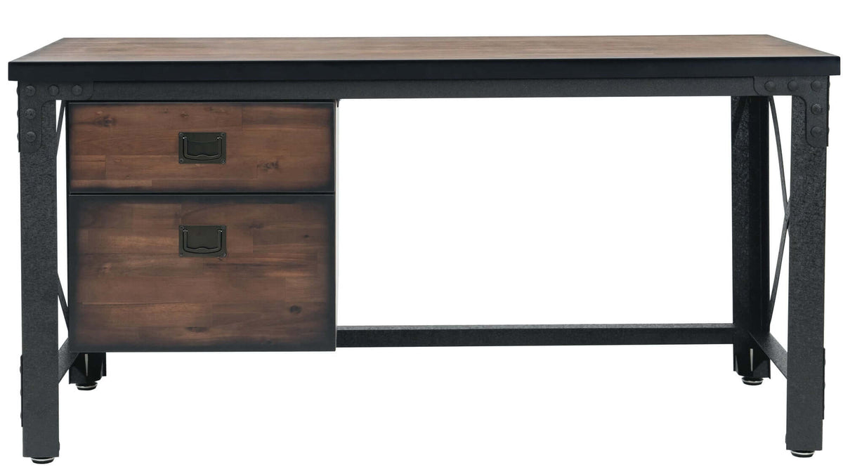 Duramax Jackson industrial desk with metal frame, wood top, and two drawers, ideal for home office or gaming setup.