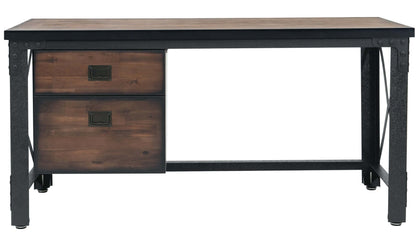 Duramax Jackson industrial desk with metal frame, wood top, and two drawers, ideal for home office or gaming setup.