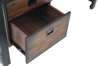 Open drawer of Duramax Jackson Industrial Metal & Wood desk showcasing the spacious wood design.