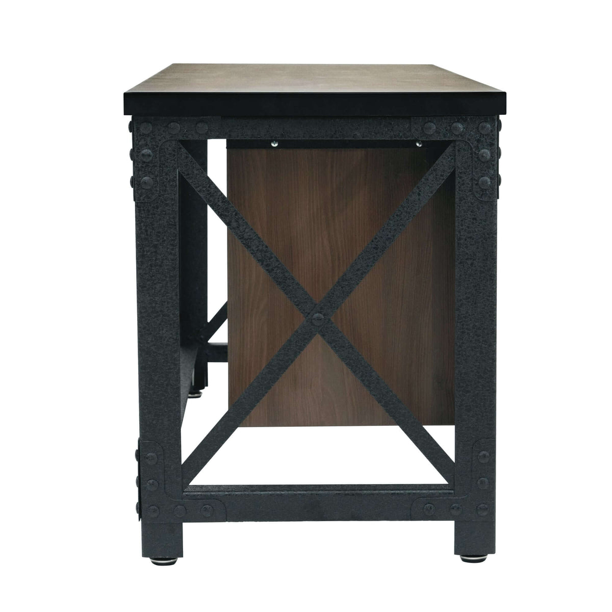 Side view of Duramax Jackson Industrial Metal & Wood Desk featuring durable steel frame and acacia wood top, ideal for home office.