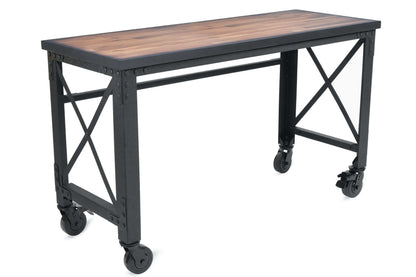 Duramax 62x24 Industrial Rolling Worktable with wooden top, metal frame, and heavy-duty caster wheels for mobility.