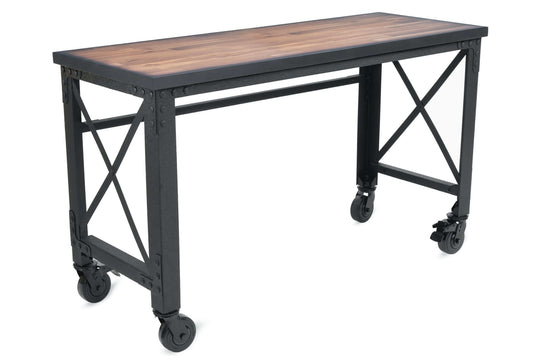 Duramax 62x24 Industrial Rolling Worktable with wooden top, metal frame, and heavy-duty caster wheels for mobility. 