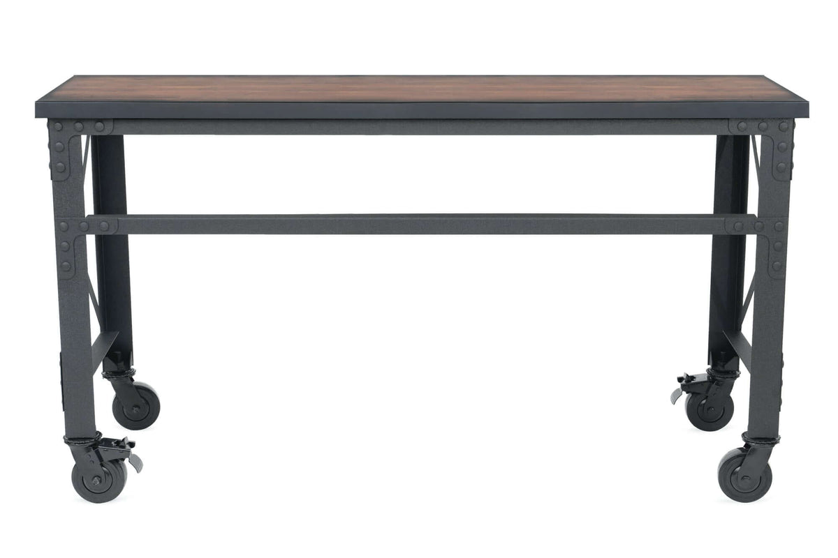 Duramax 62x24 industrial worktable with caster wheels, wooden top, and metal frame for durability and mobility.