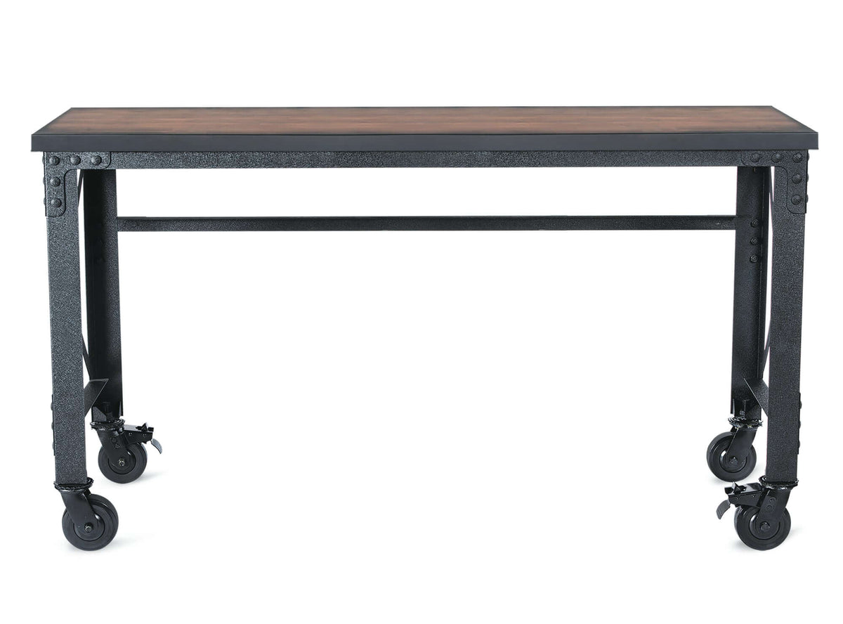 Duramax 62x24 inch rolling industrial worktable with wooden top and metal frame on caster wheels.