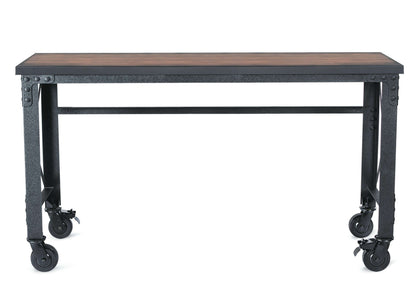 Duramax 62x24 inch rolling industrial worktable with wooden top and metal frame on caster wheels.