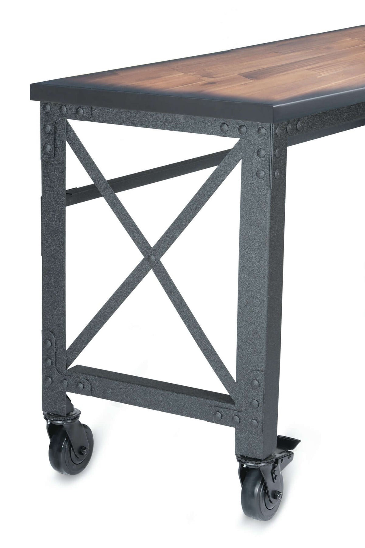 Duramax industrial rolling worktable corner with dark wooden top and metal frame on caster wheels