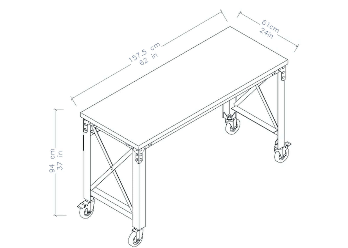 Dimensional drawing of Duramax 62x24 inch industrial worktable with wheels, showcasing measurements and structure in line diagram.