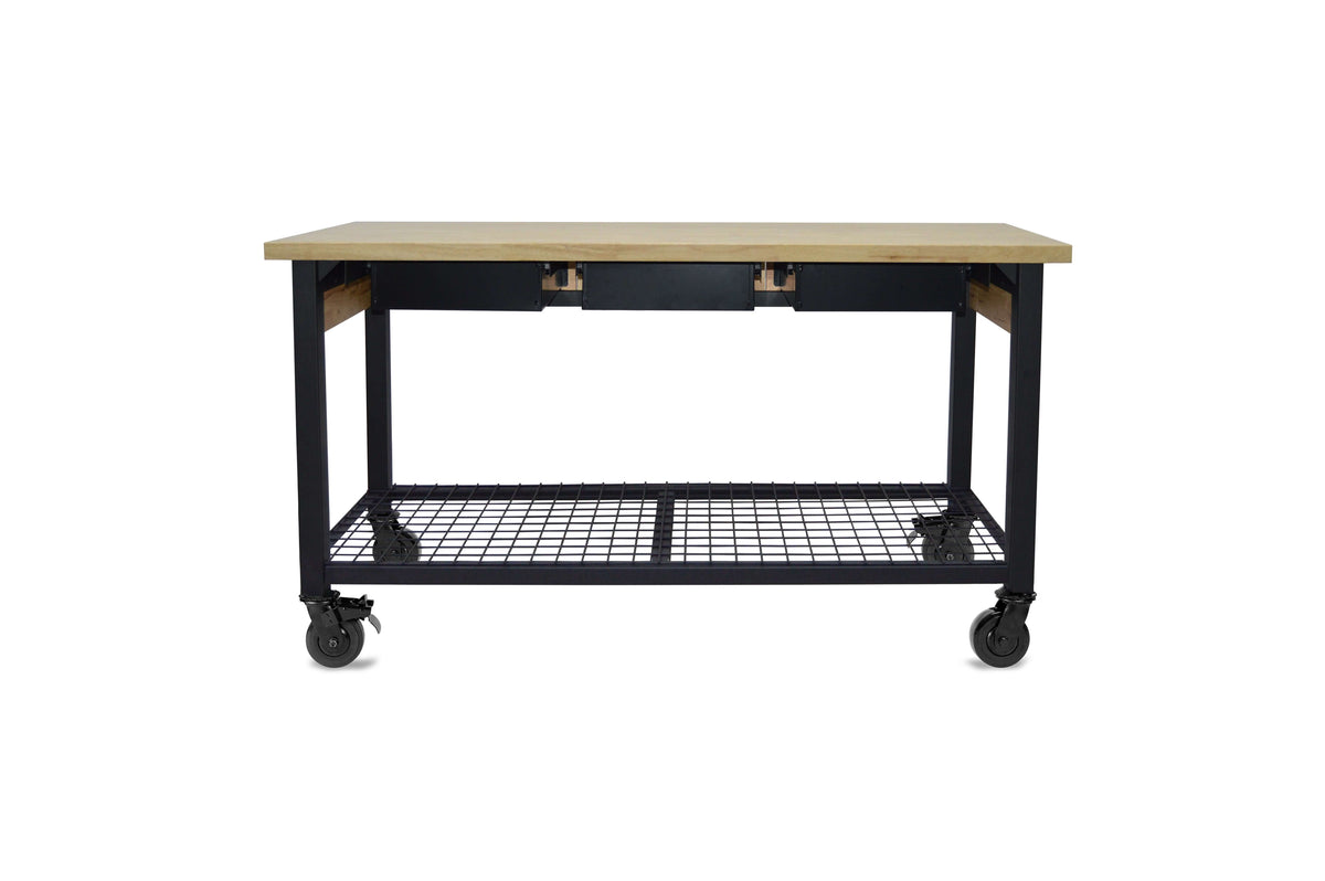 Duramax Rove 3-Drawer Mobile Workbench, 62x24 in, modern industrial design for home or workshop, featuring wood grains and mobility.