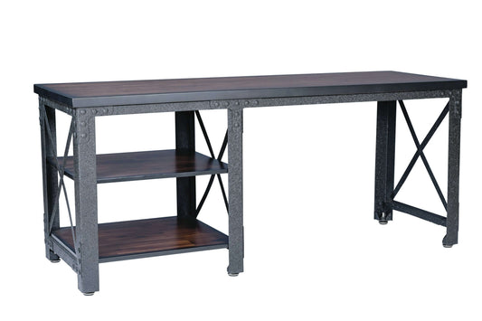 Duramax 72" Weston Desk with metal frame and acacia wood top, featuring two open shelves for versatile use and storage. 