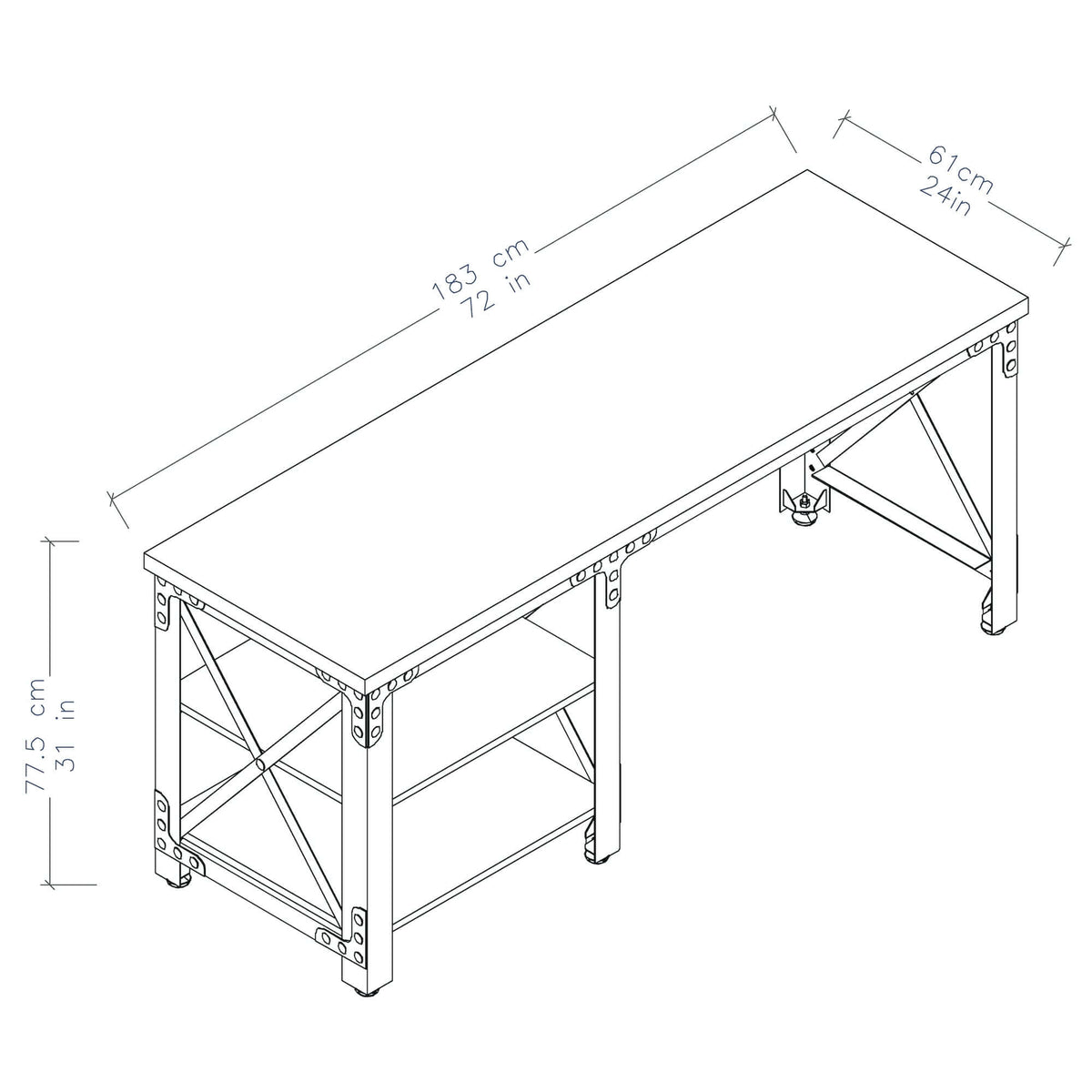 Duramax 72" Weston Industrial Metal & Wood Desk with dimensions; features open shelves and sturdy steel frame, ideal for home office.
