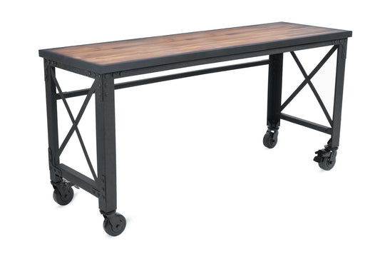 Duramax 72x24 inch rolling industrial worktable with metal frame and wooden top, featuring swivel caster wheels for easy mobility. 