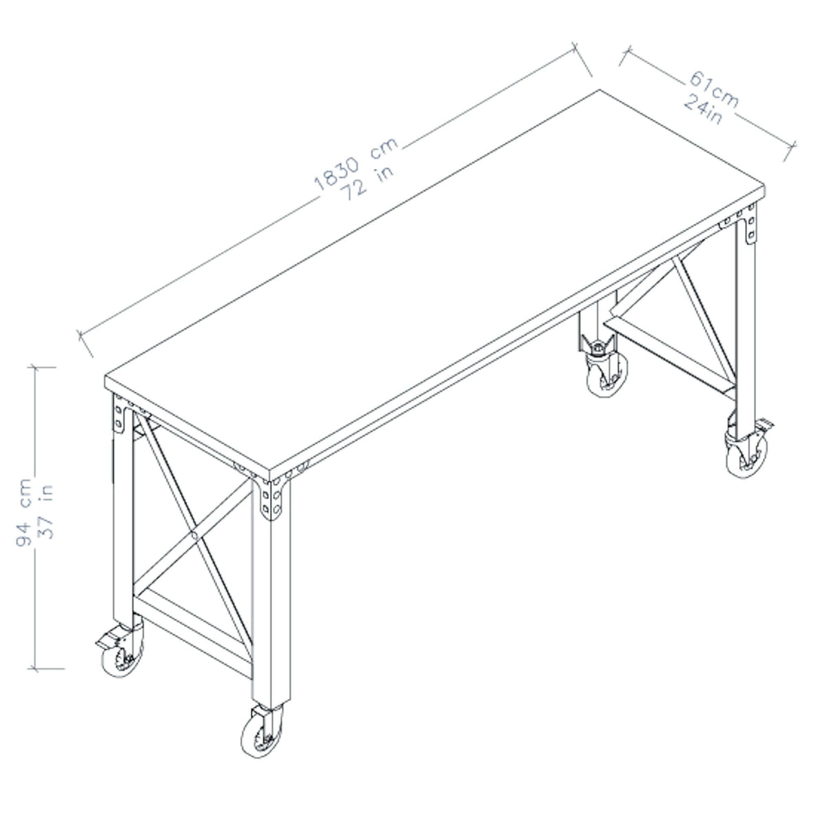 Diagram of Duramax Rolling Worktable 72x24 inches, showing metal frame and wheels for industrial use.