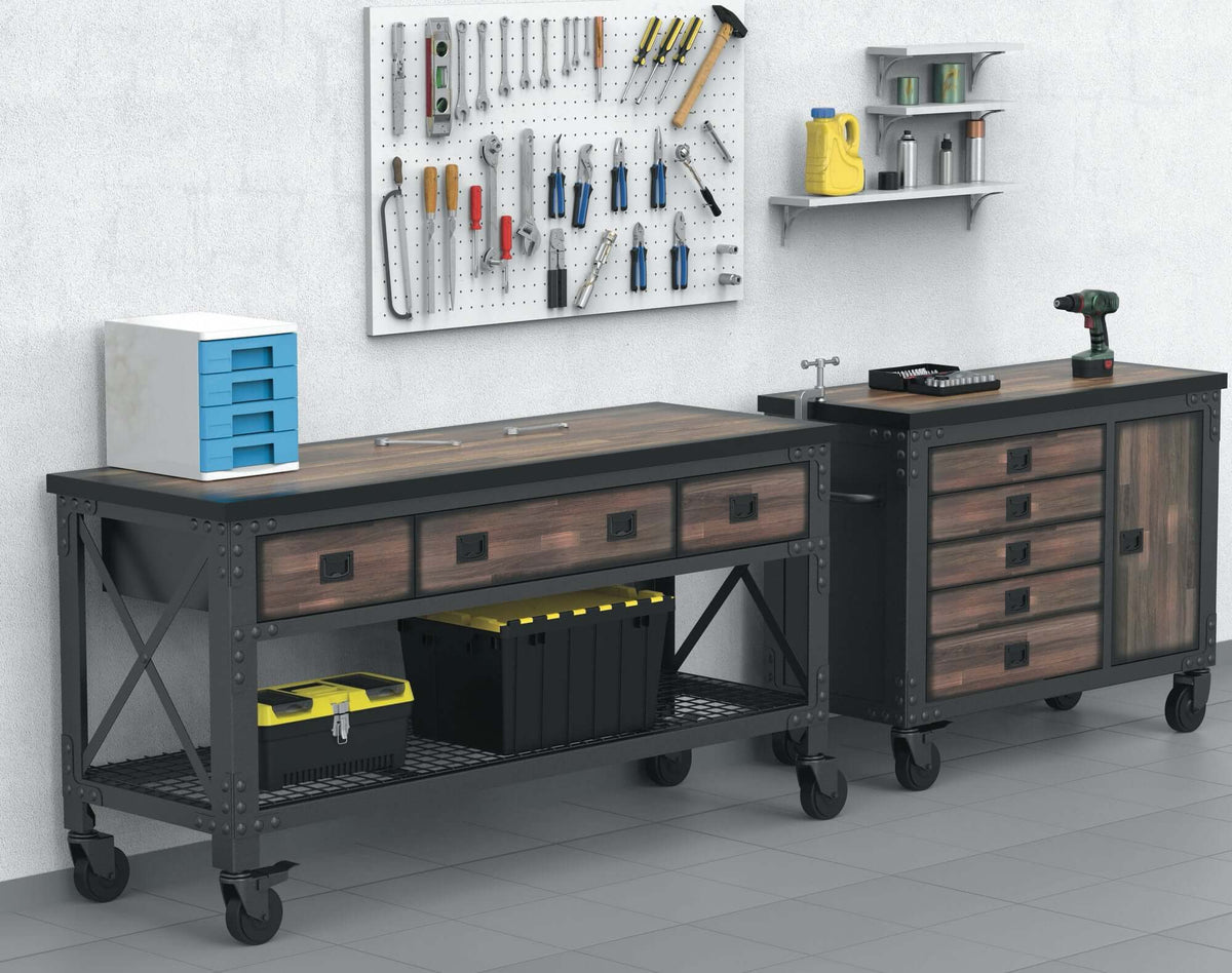 Duramax 72 x 24 inch 3-Drawer Rolling Industrial Workbench in a garage setting with tools and accessories.