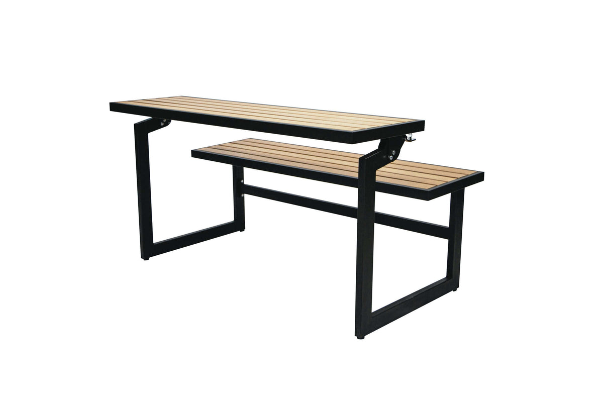 Duramax Ashton Convertible Table Bench 68070 transforms from bench to table, ideal for outdoor use on patios, balconies.