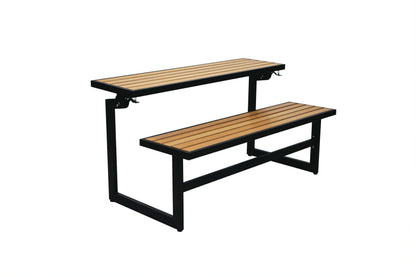 Duramax Ashton Convertible Table Bench 68070 in black and wood finish, ideal for outdoor spaces like patios and balconies.
