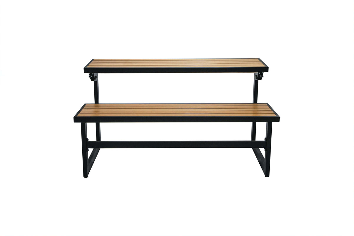 Duramax Ashton Convertible Table Bench showing transformation from bench to table, ideal for outdoor use on patios and balconies.